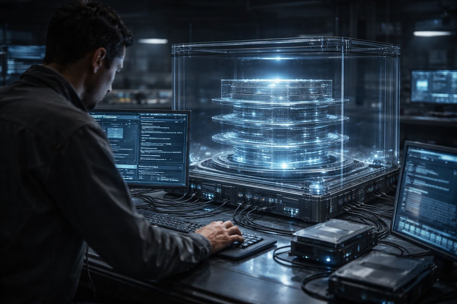A person working at a computer beside a glowing stacked digital structure inside a transparent enclosure in a dark lab.
