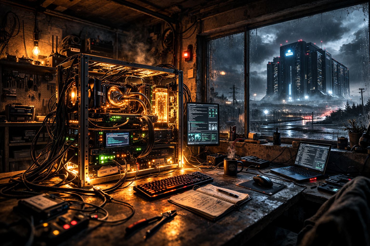 Image of a lit home server rack and desk setup in a workshop, with a large data-center-like building visible through the rainy window.