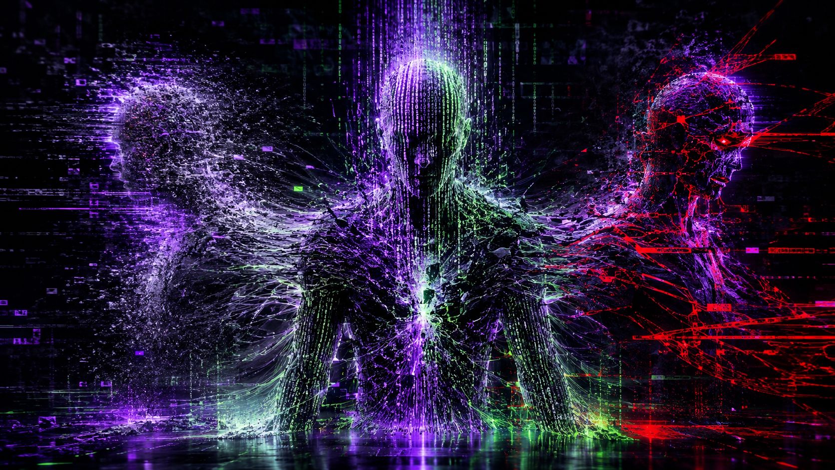 Three digital human figures made of neon data streams, with the central figure facing forward and fragmented figures on both sides.