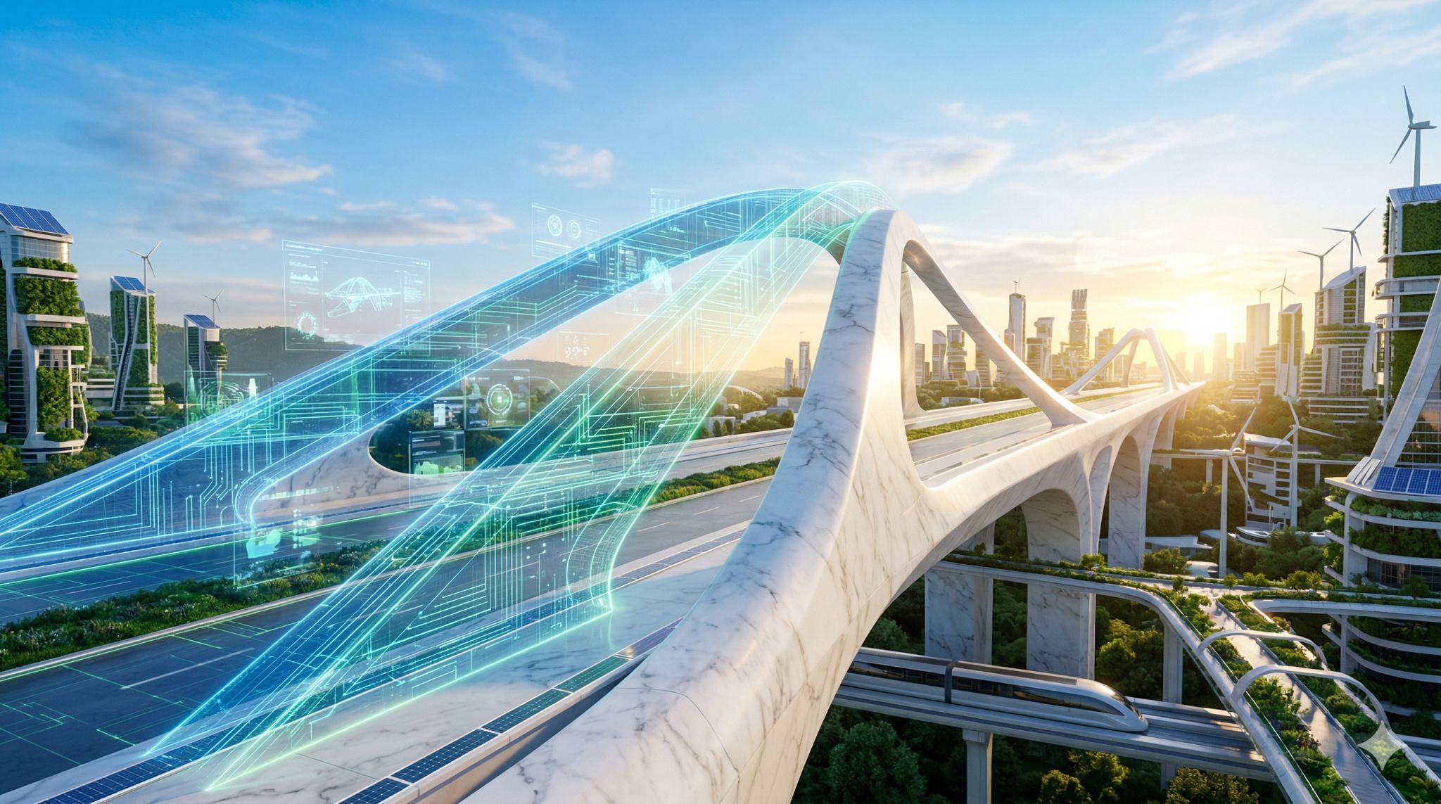 A futuristic elevated bridge with translucent data overlays running through a green city with wind turbines at sunrise.