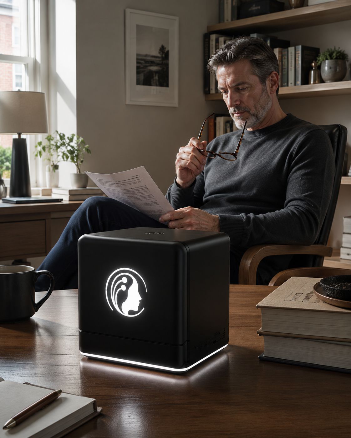 Person reading a document beside a black local computing device in a home office.