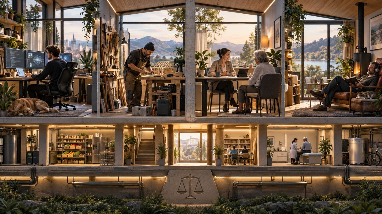 A shared building contains distinct spaces for programming, building, conversation, and quiet reading above a balanced foundation.