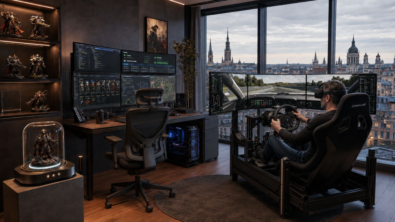 Person using a multi-screen driving simulator beside a computer workstation and display shelves in a high-rise room.