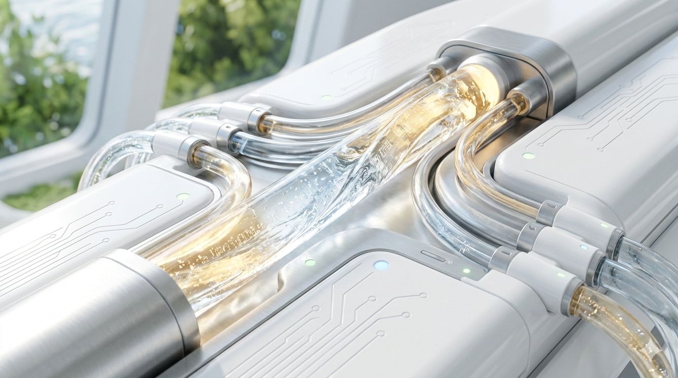 Image of a glowing glass tube connected between several white modules with clear hoses.