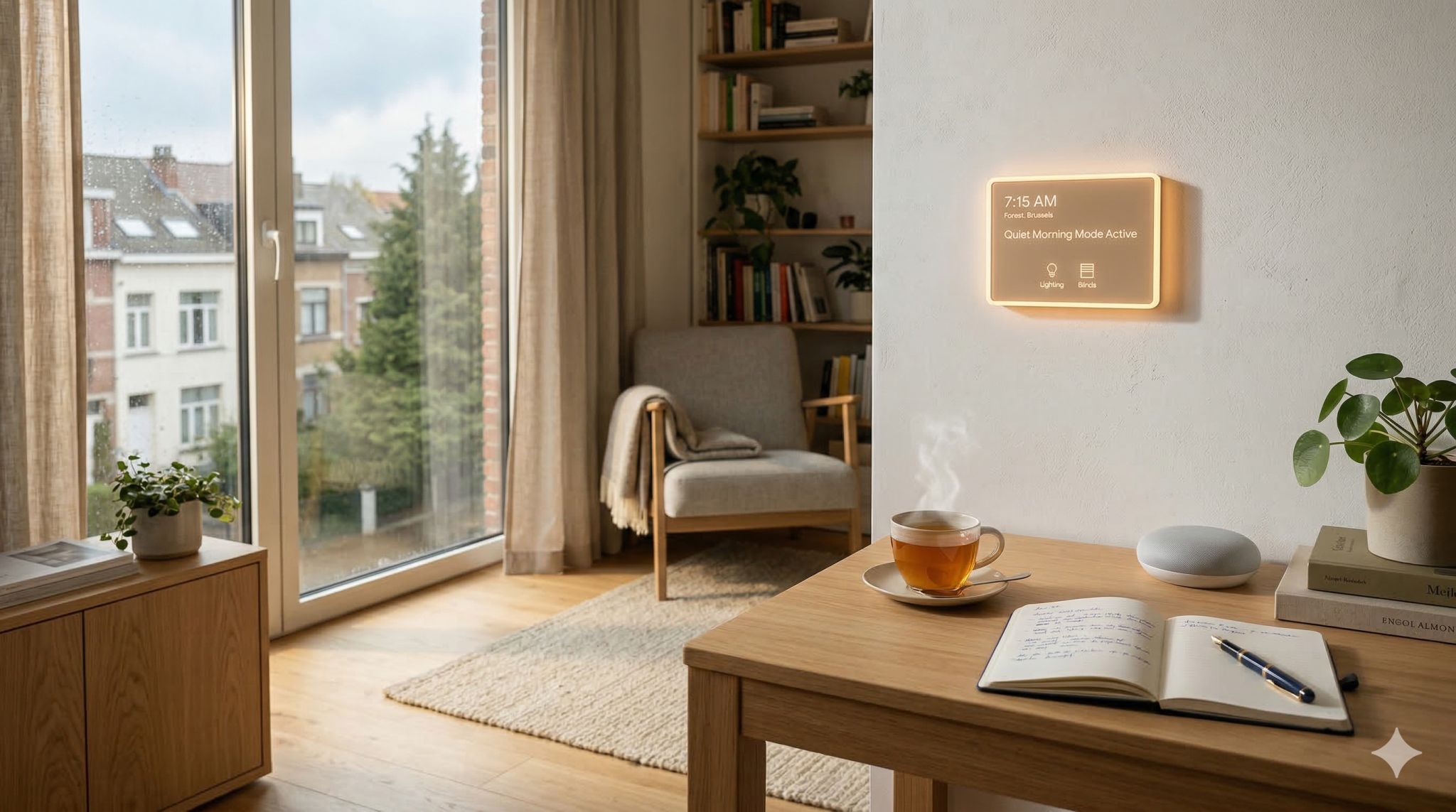 Living room scene with a glowing wall display reading 'Quiet Morning Mode Active', a cup of tea, and an open notebook on a table.