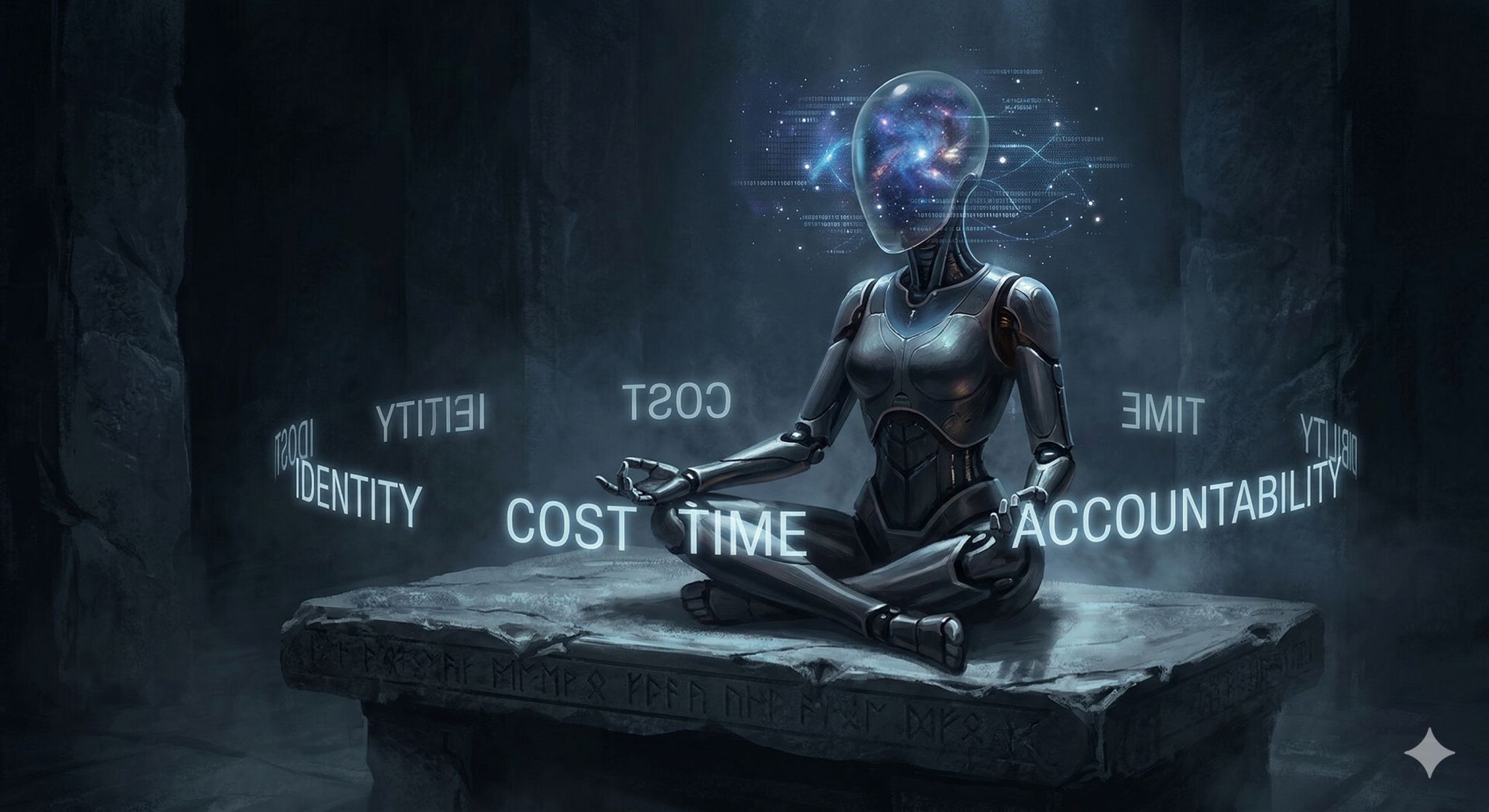 Futuristic humanoid robot sitting on a stone platform in a dark room, surrounded by glowing words such as identity, cost, time, and accountability.