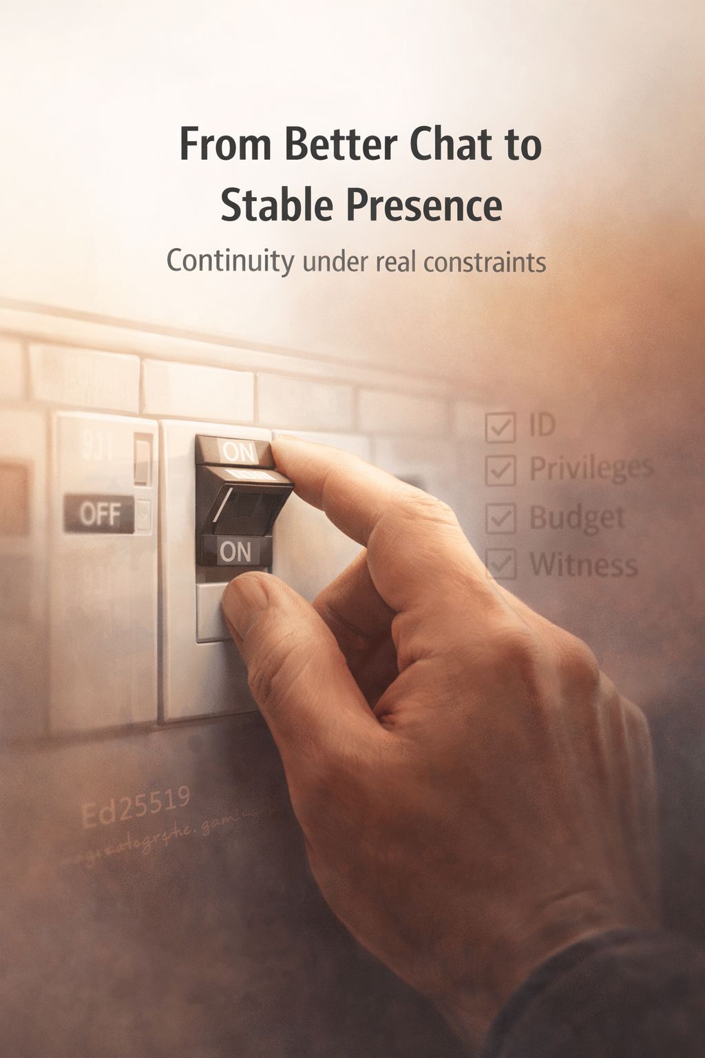 Image of a hand switching an electrical breaker, with text about stable presence and a checklist in the background.