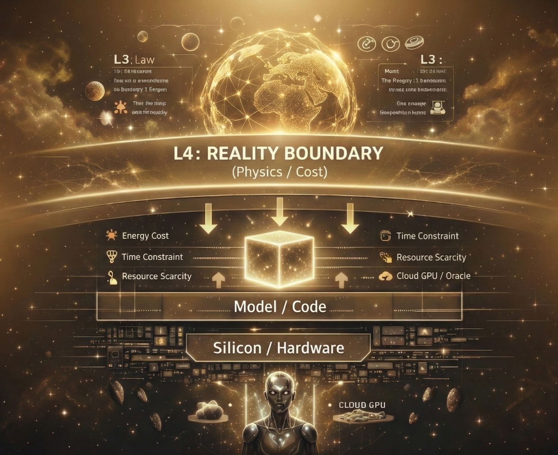 Diagram labeled L4 Reality Boundary above Model / Code and Silicon / Hardware, with a globe, an AI figure, and labels for energy cost, time constraint, and resource scarcity.