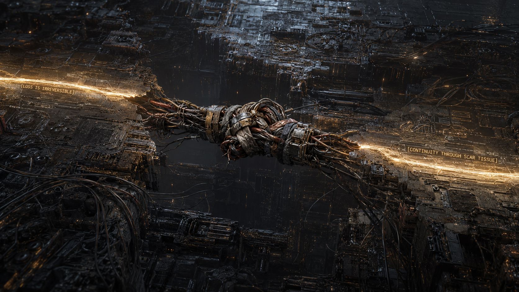 A damaged technological bridge spans a dark chasm with glowing labels about irreversible loss and scar tissue.