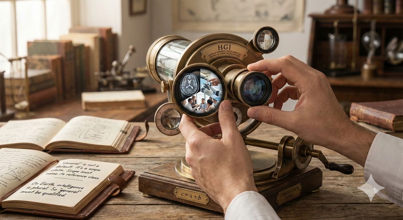 Hands adjusting a brass optical device labeled HGI on a desk with notebooks and books in the background.