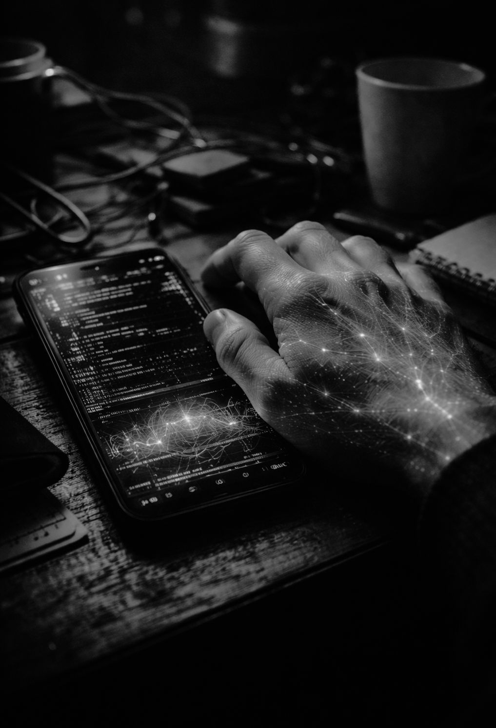 Black-and-white image of a hand above a smartphone on a desk, with glowing network lines across the hand and screen.