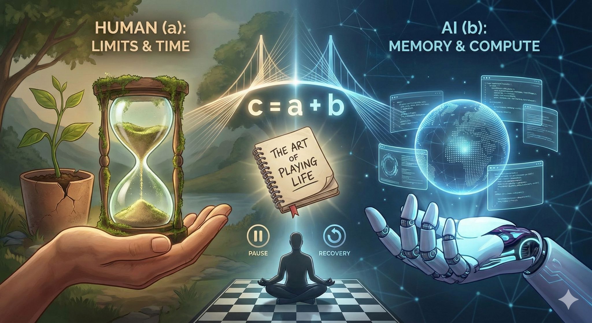 Illustration showing Human (a): Limits & Time on one side and AI (b): Memory & Compute on the other, connected by c = a + b.
