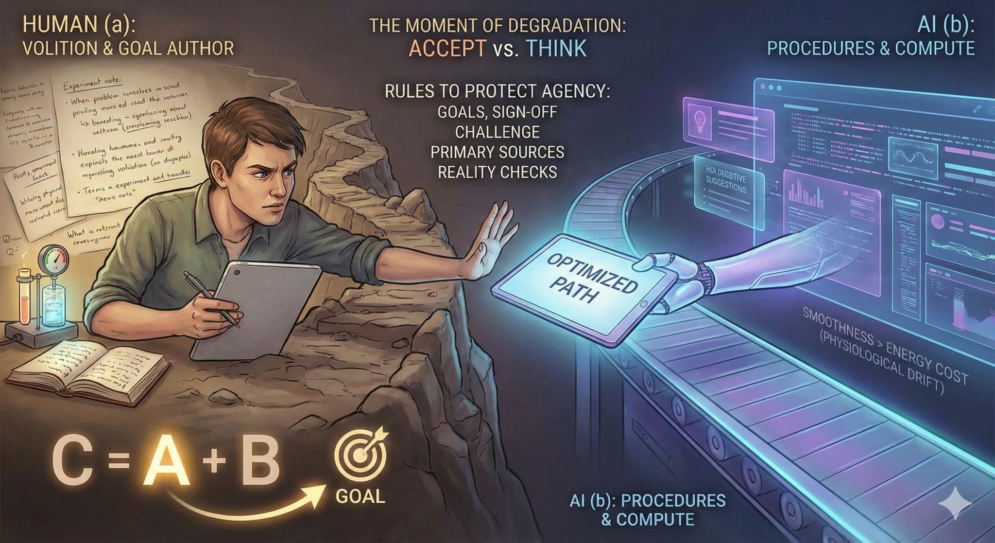 Split illustration of a person writing beside notes on the left and a robotic hand offering a tablet labeled Optimized Path on the right.