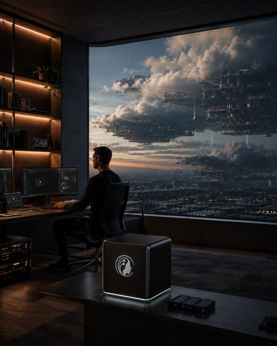Person at a workstation beside a black local computing device, with large cloud infrastructure visible outside.