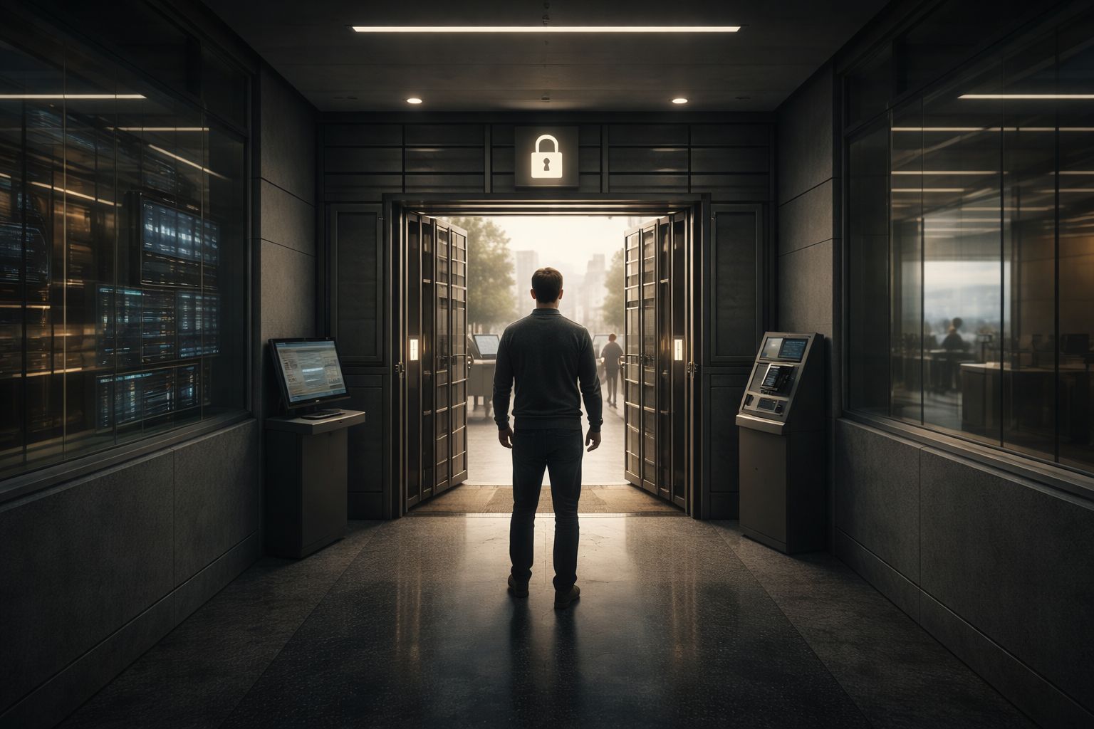 A person standing at an open doorway beneath a lock symbol in a dark corridor with server racks and control screens.