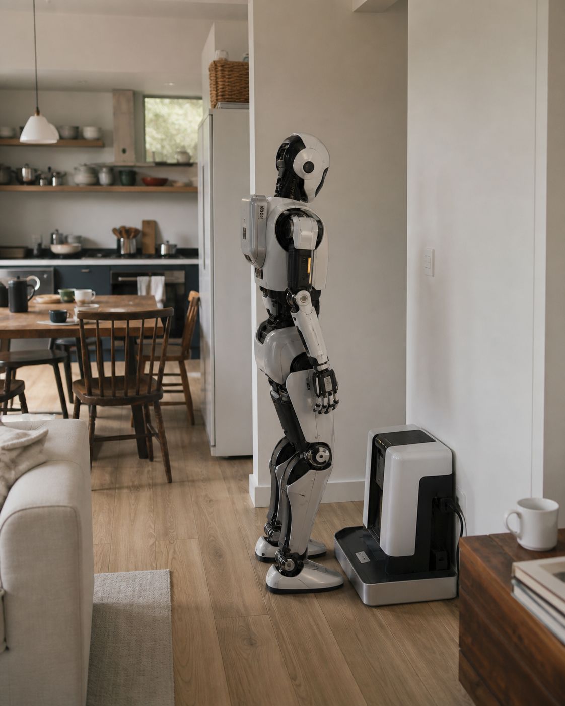 A humanoid robot standing in a home interior beside a charging dock, with a kitchen and dining table behind it.