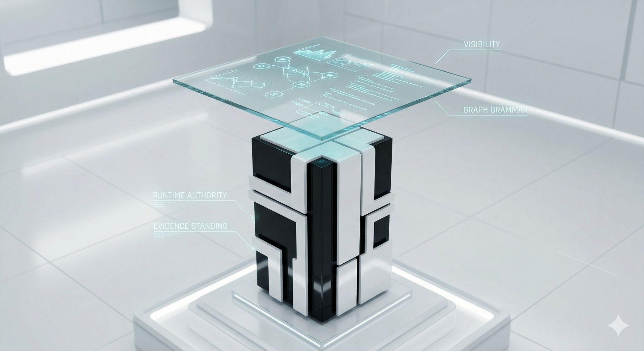 A glowing glass display on a pedestal labeled visibility, graph grammar, runtime authority, and evidence standing.