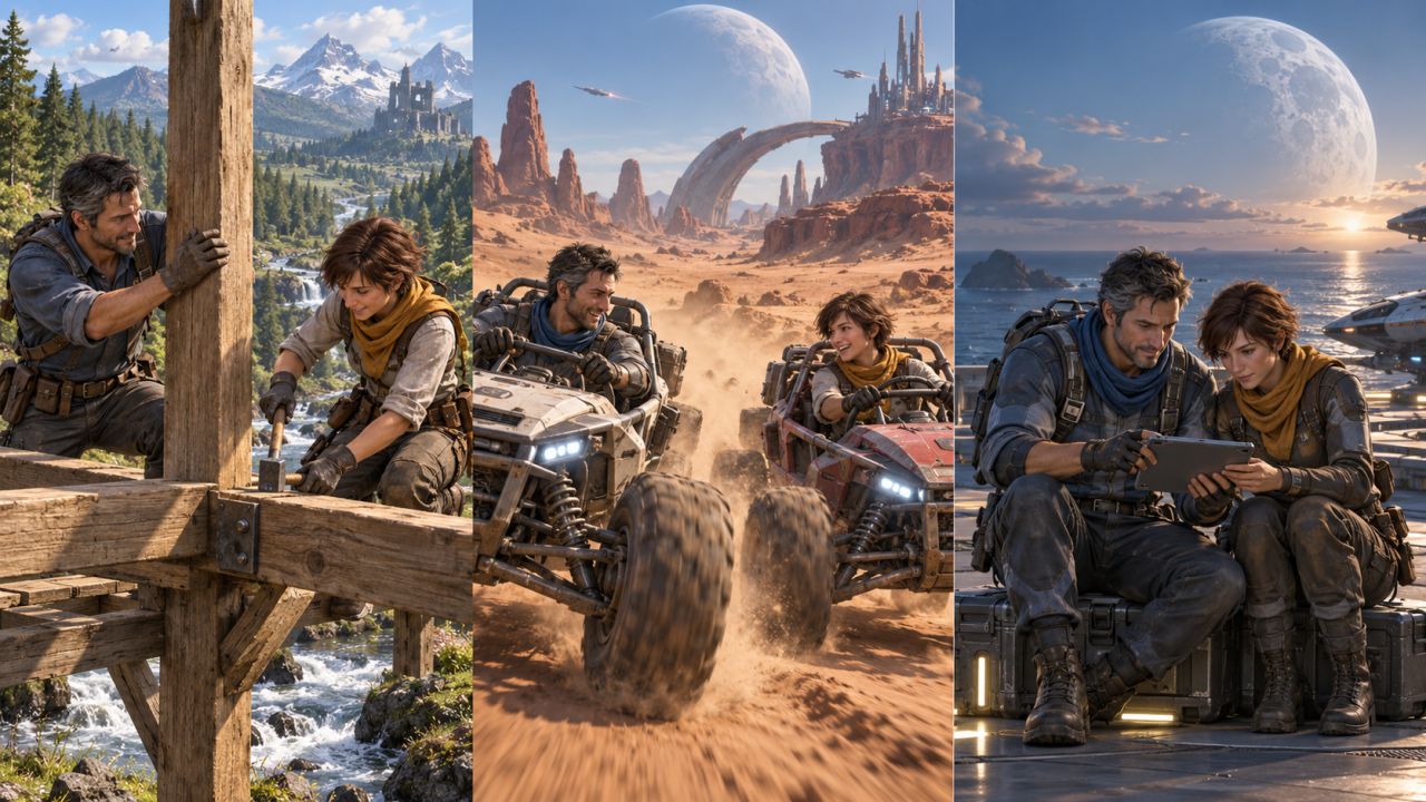 Two game characters across shared game environments image 1 of 3.