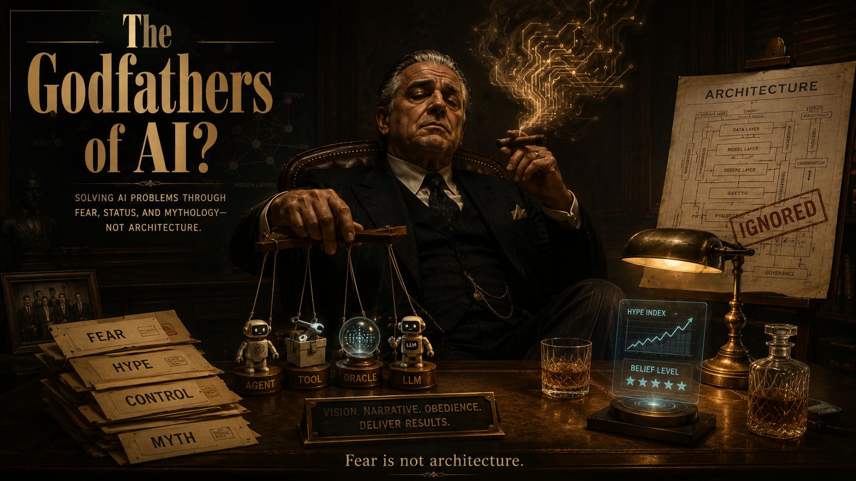 A dark illustrated scene with the text The Godfathers of AI? and an architecture board stamped ignored.