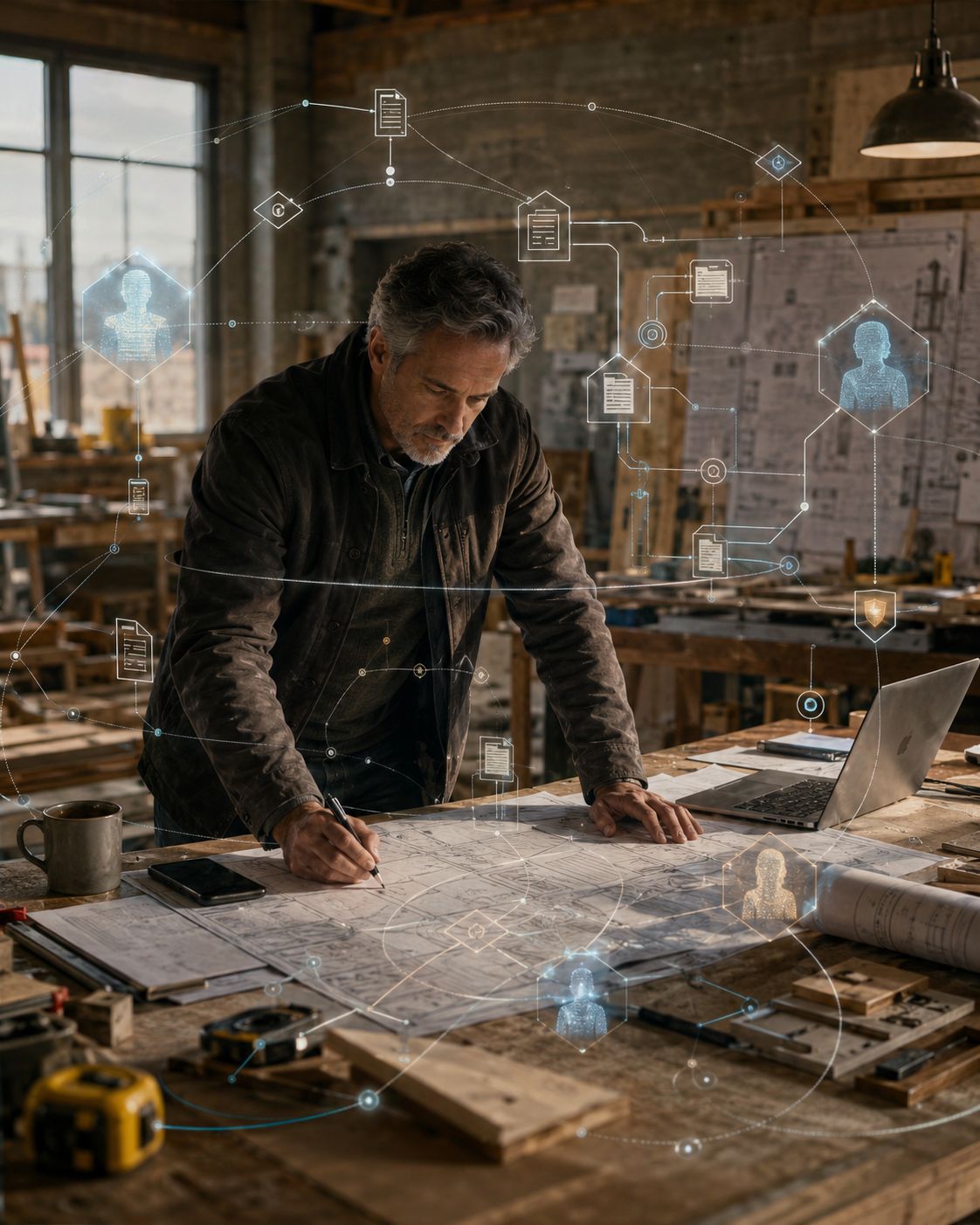 A person draws plans at a workshop table while document, witness, and governance icons form a network around the workspace.