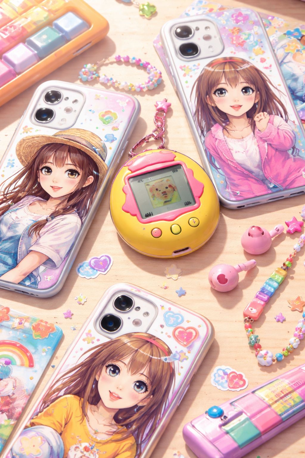 Several smartphone cases printed with anime-style girl portraits arranged around a yellow Tamagotchi-like device and colorful accessories on a tabletop.