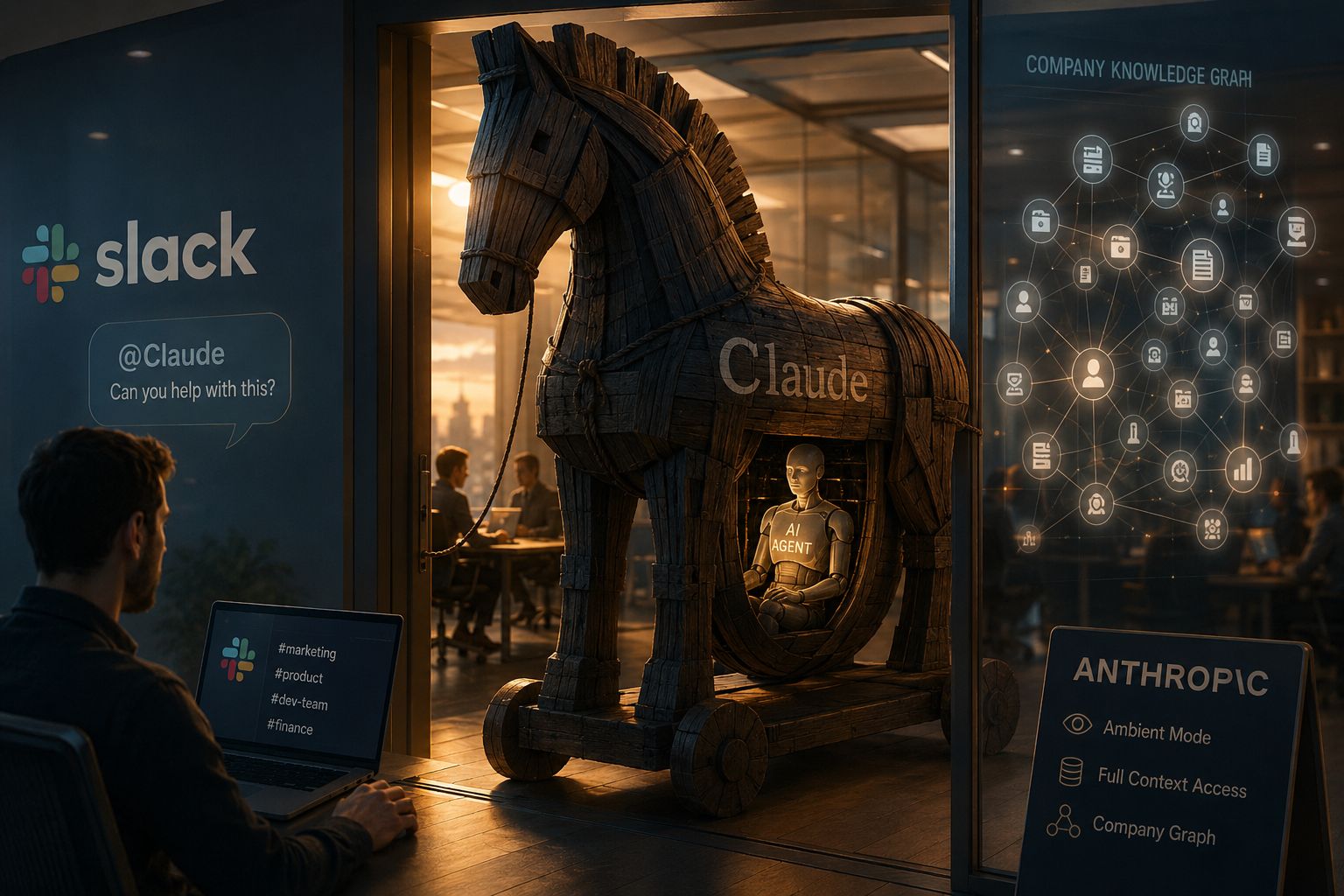 Wooden Trojan horse labeled Claude entering an office, with an AI agent inside and company knowledge graph panels nearby.