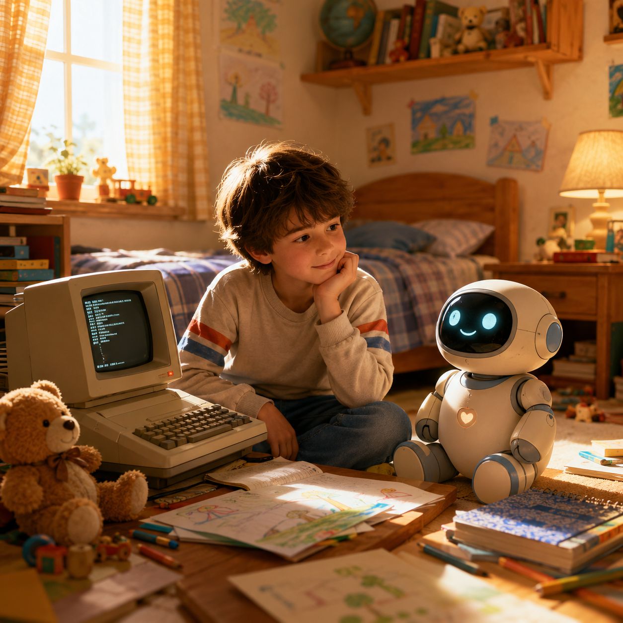A child sits in a warm bedroom beside an old computer, a plush toy, and a small smiling robot.