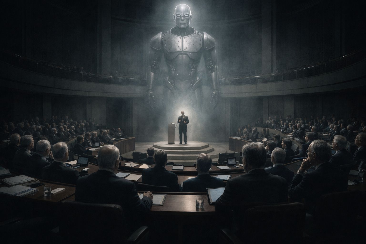 A large humanoid robot looming over a podium in a dark auditorium filled with seated people.