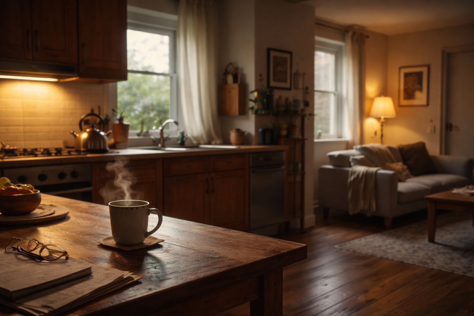 A warm home interior with a steaming mug on a table and a softly lit sofa in the background.