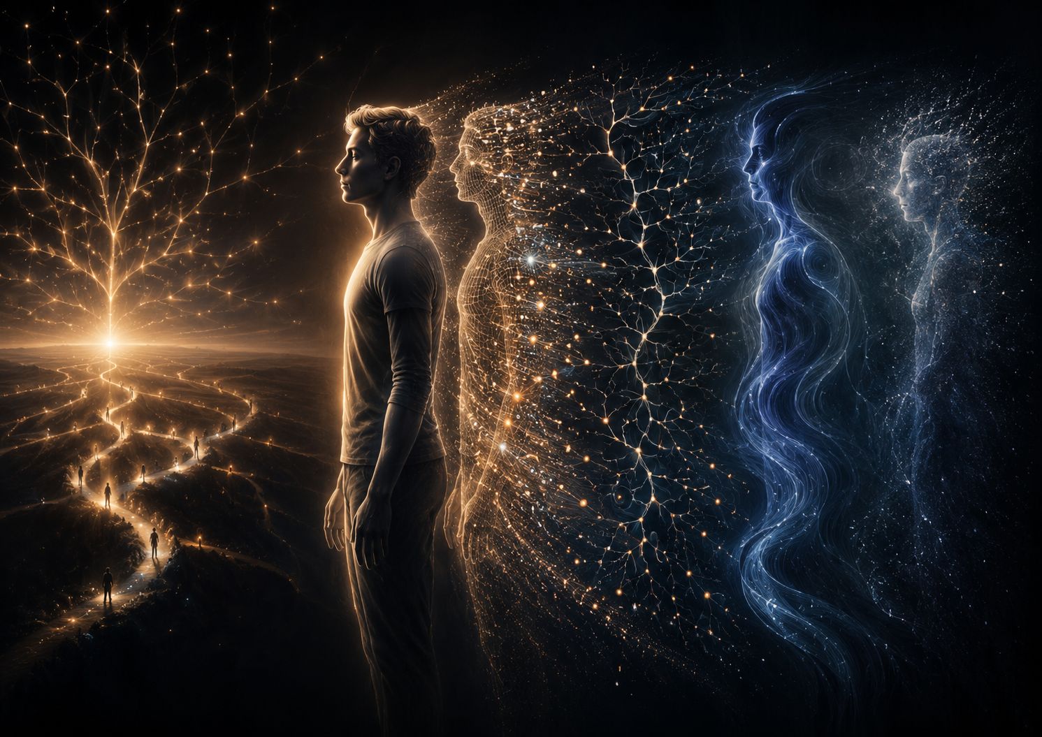 Human figure standing beside layered glowing silhouettes, network branches, and distant paths of light.