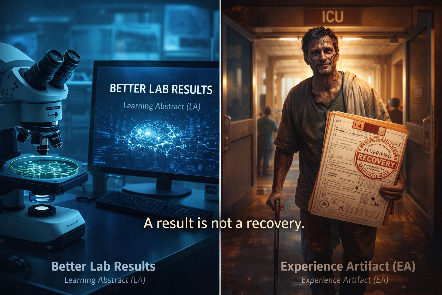 Split image showing a lab monitor labeled Better Lab Results on the left and a person holding a recovery document outside an ICU on the right.