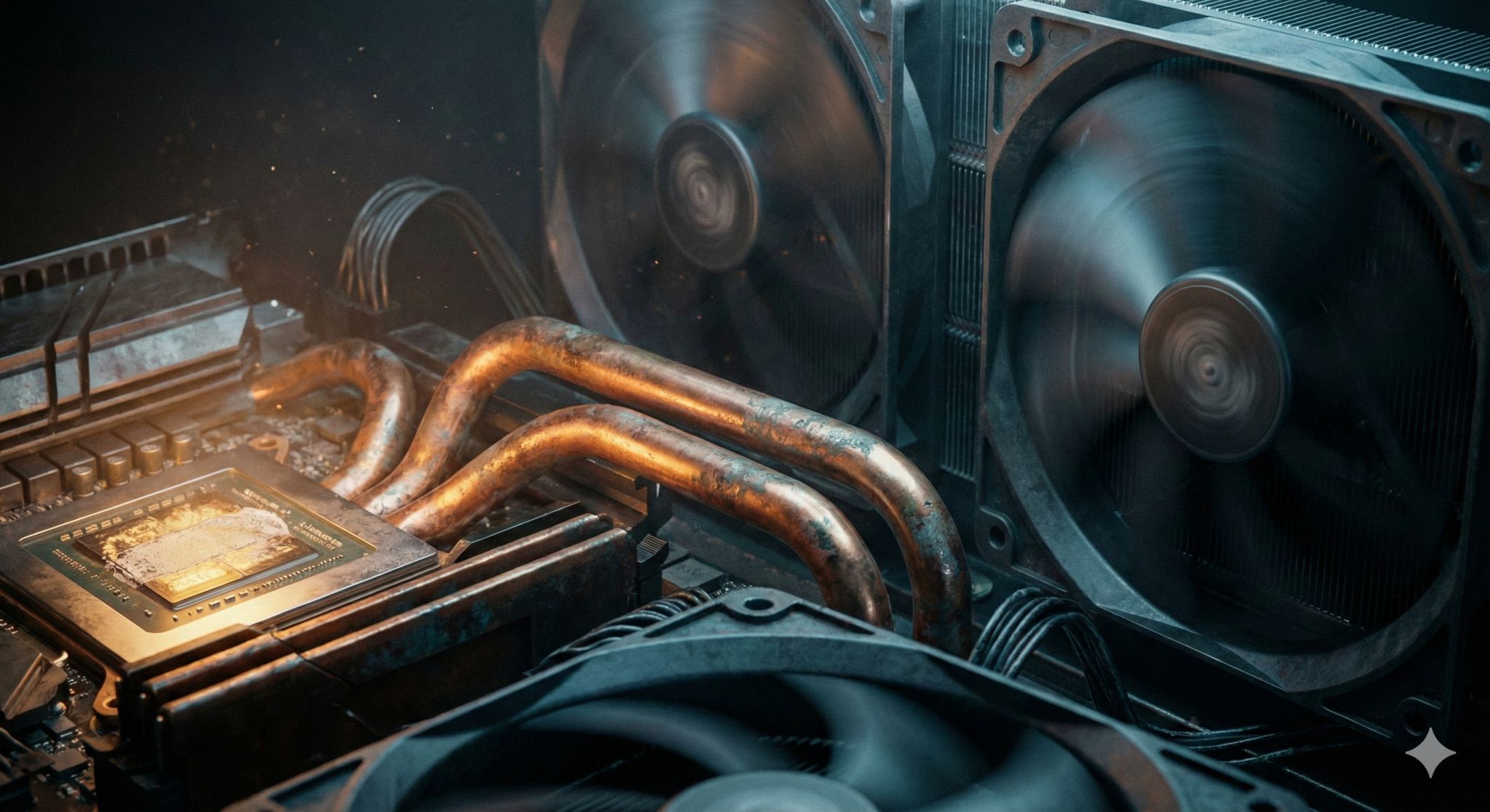 Close-up image of a processor, copper heat pipes, and spinning cooling fans inside a computer system.