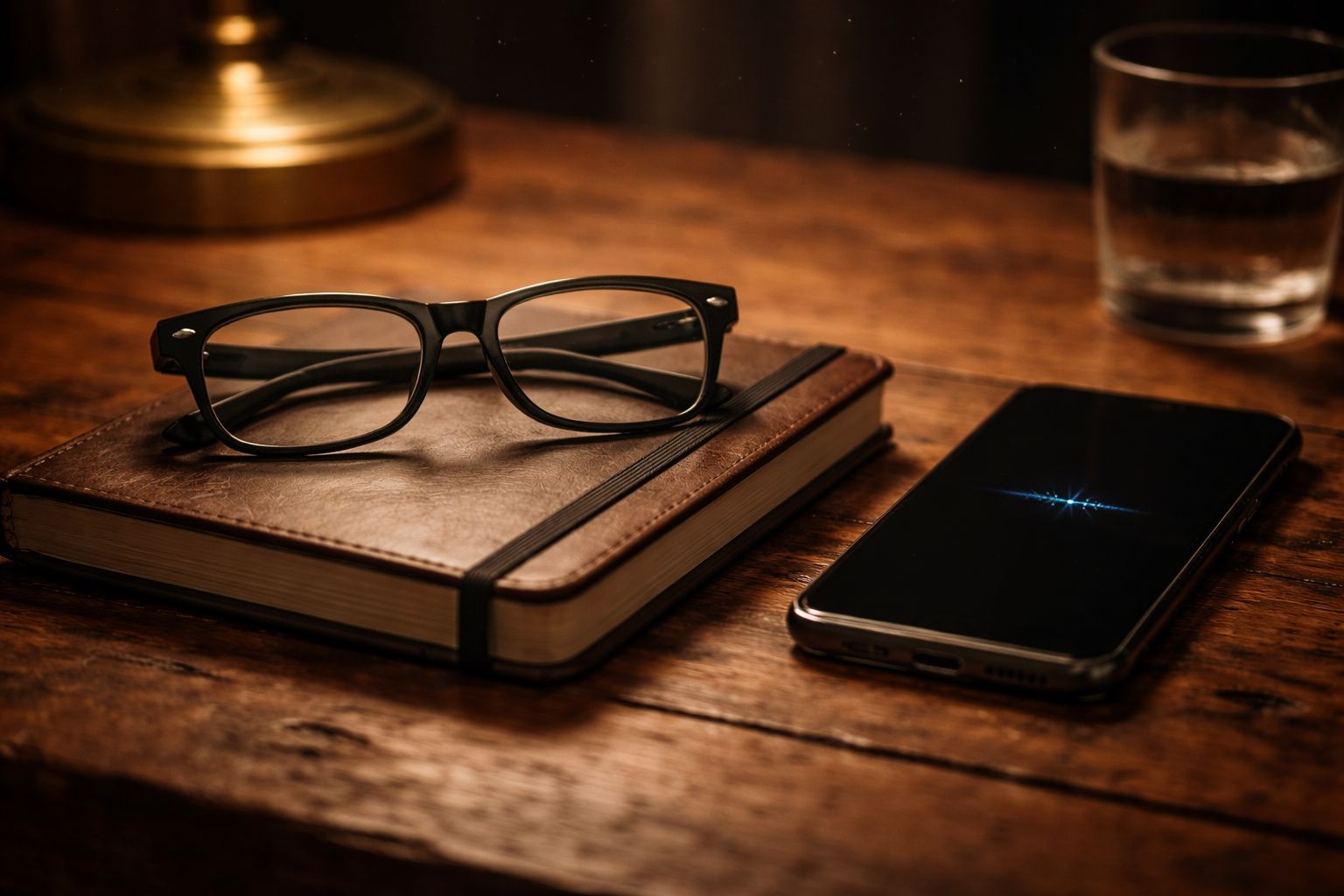Image of black smart glasses resting on a closed notebook beside a smartphone on a wooden table.