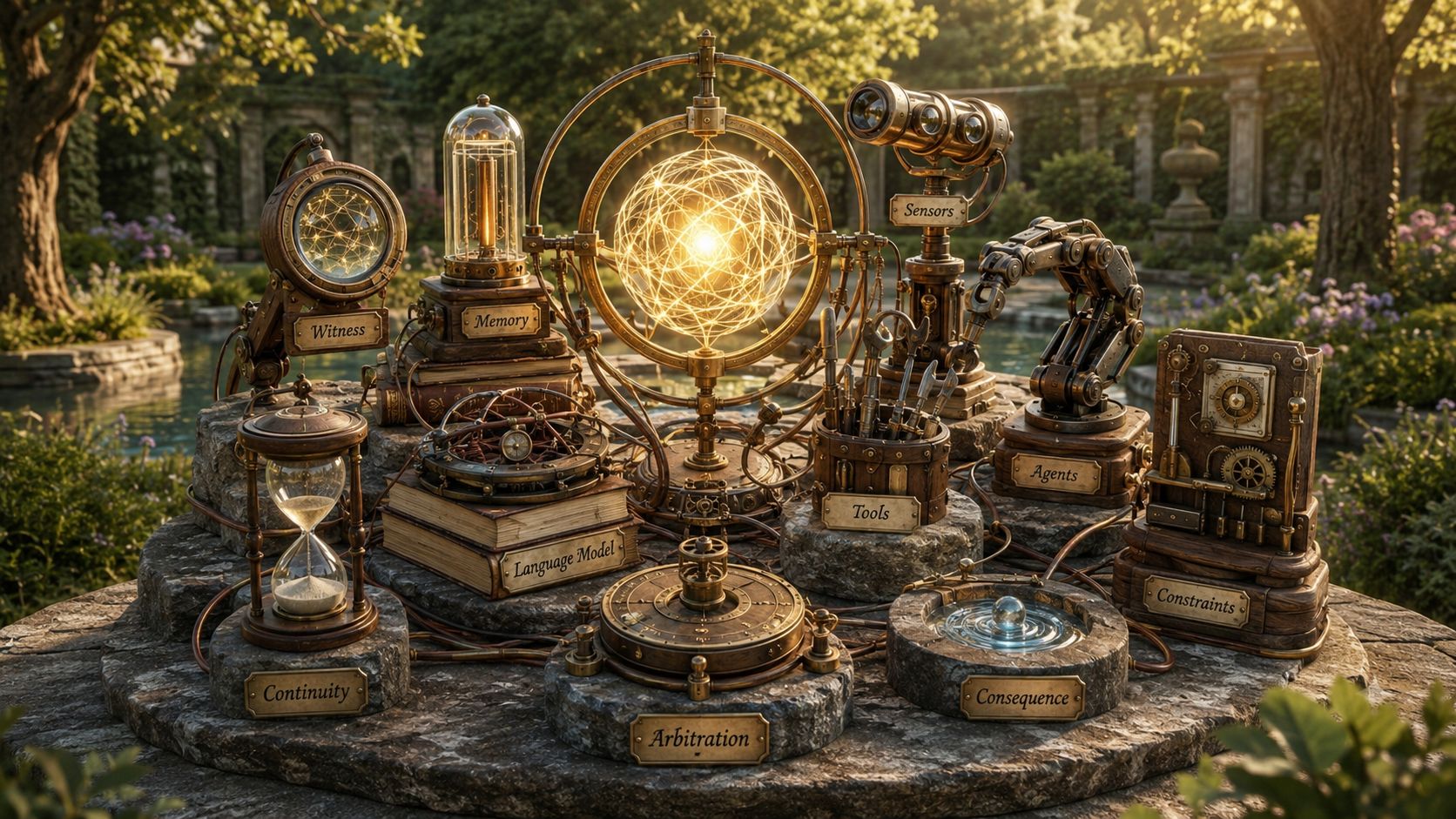 A garden table holds labeled mechanical modules for witness, memory, sensors, agents, tools, constraints, and consequence around a glowing core.