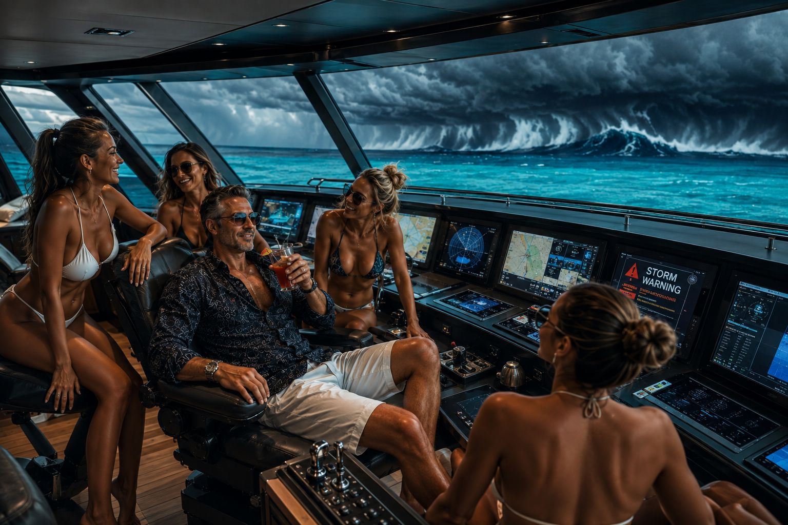 People gathered at a yacht control deck while a storm approaches across the sea.