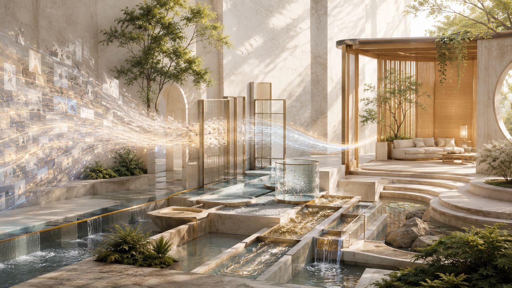 Sunlit interior water garden with floating image panels and streams of light moving across the room.