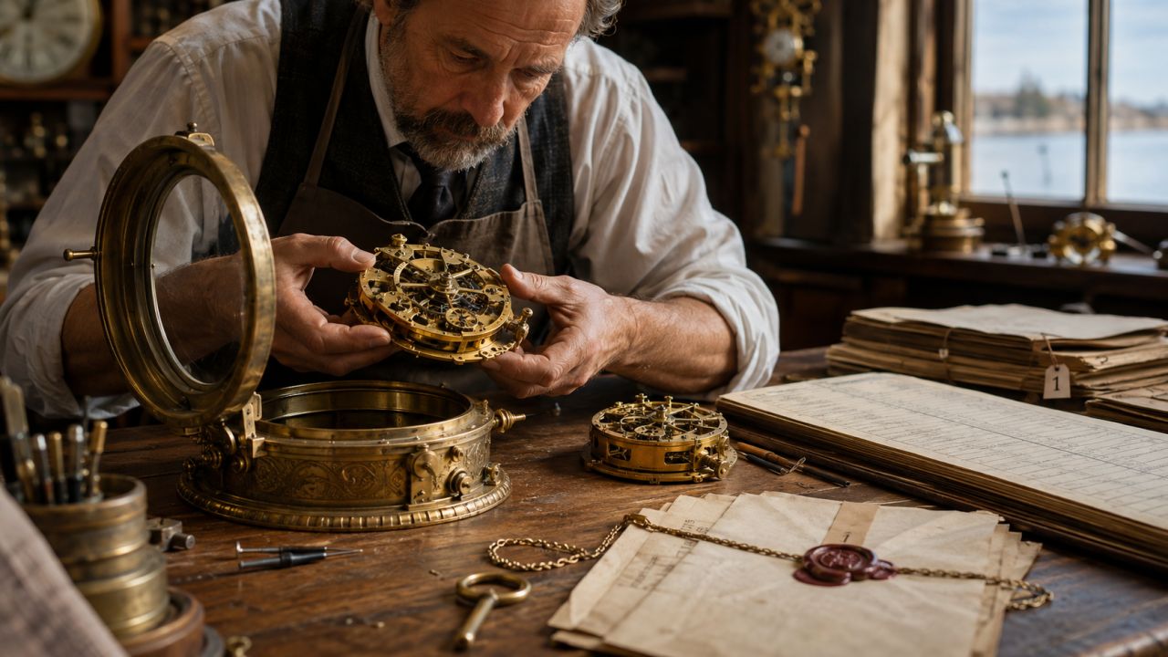 Clockmaker repairing a mechanical movement beside archived papers and keys.