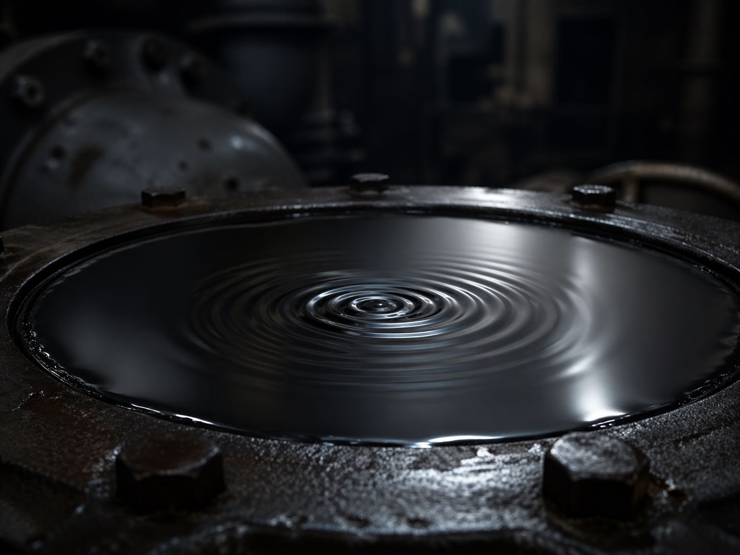 A dark industrial liquid surface with concentric ripples inside a bolted metal vessel.