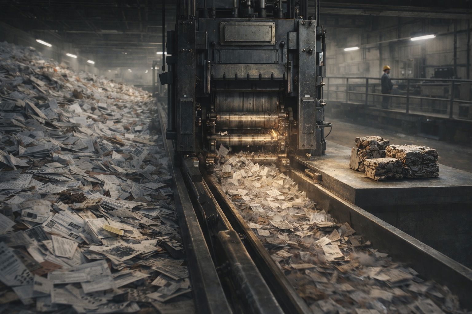 An industrial paper-processing machine with a conveyor full of paper and compressed paper bundles on a platform nearby.