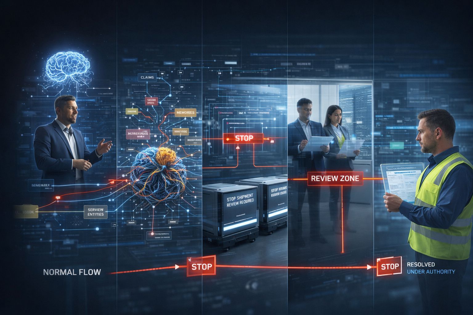 An arbitration-style digital diagram with people, review displays, and labels including normal flow, stop, review zone, and resolved under authority.