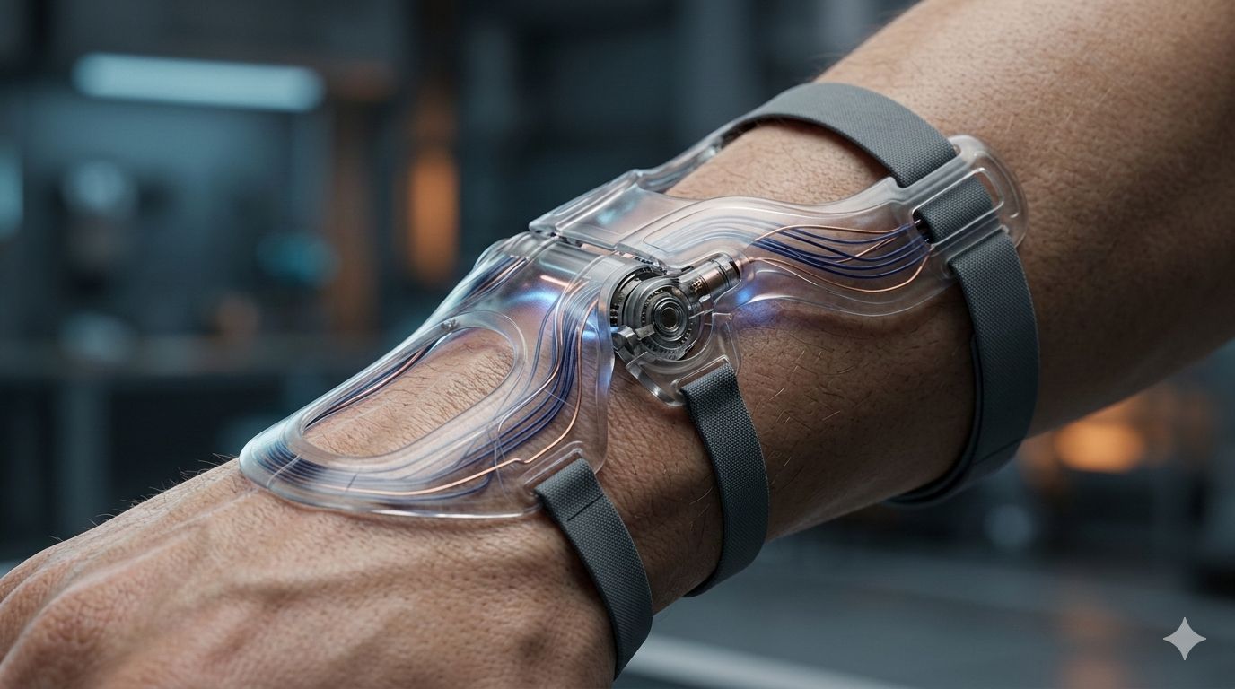 Close-up of a transparent mechanical support brace strapped to a person's forearm with visible straps and internal lines.