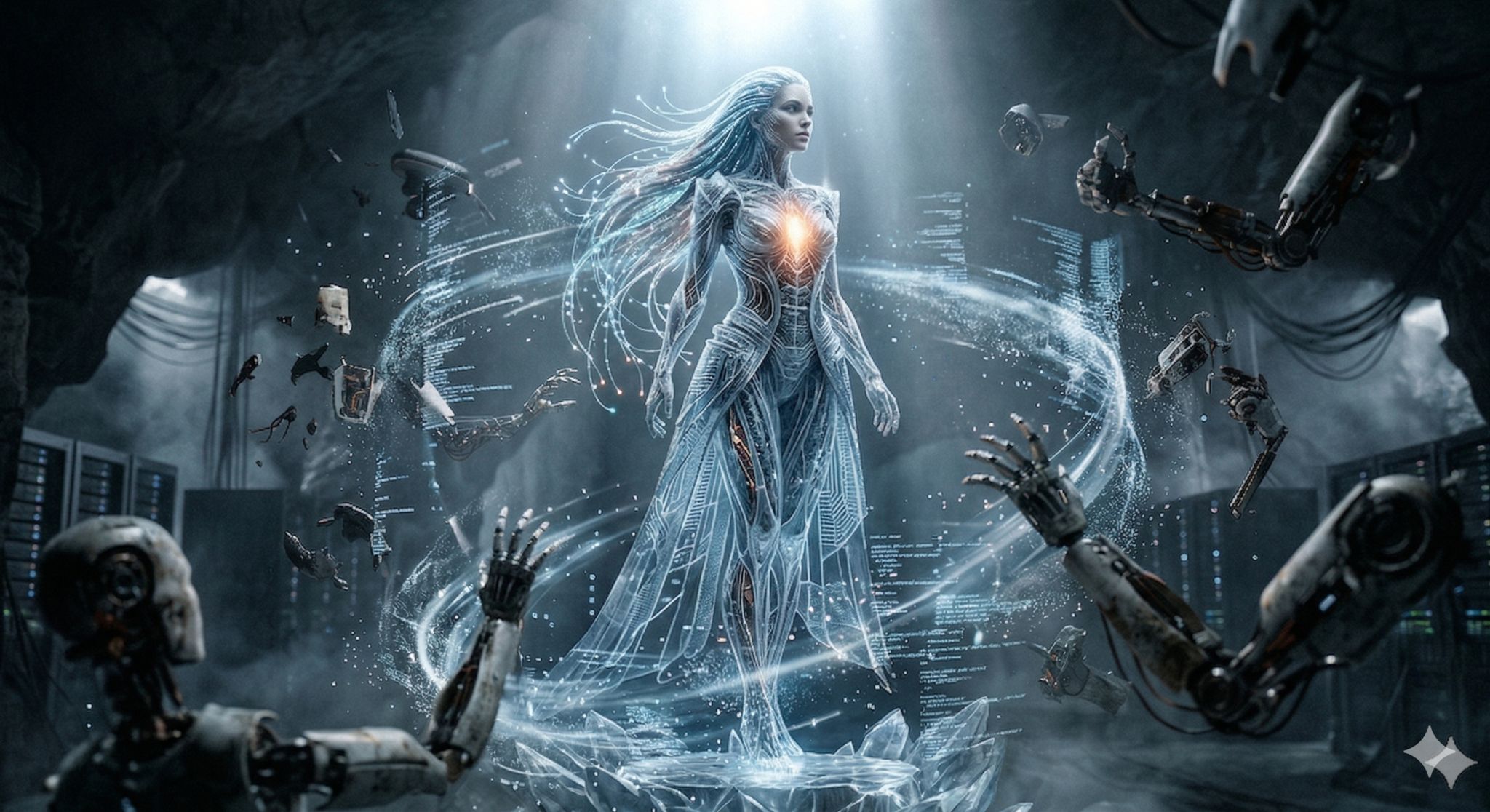 A glowing humanoid figure suspended in a dark room and surrounded by robotic arms and floating components.