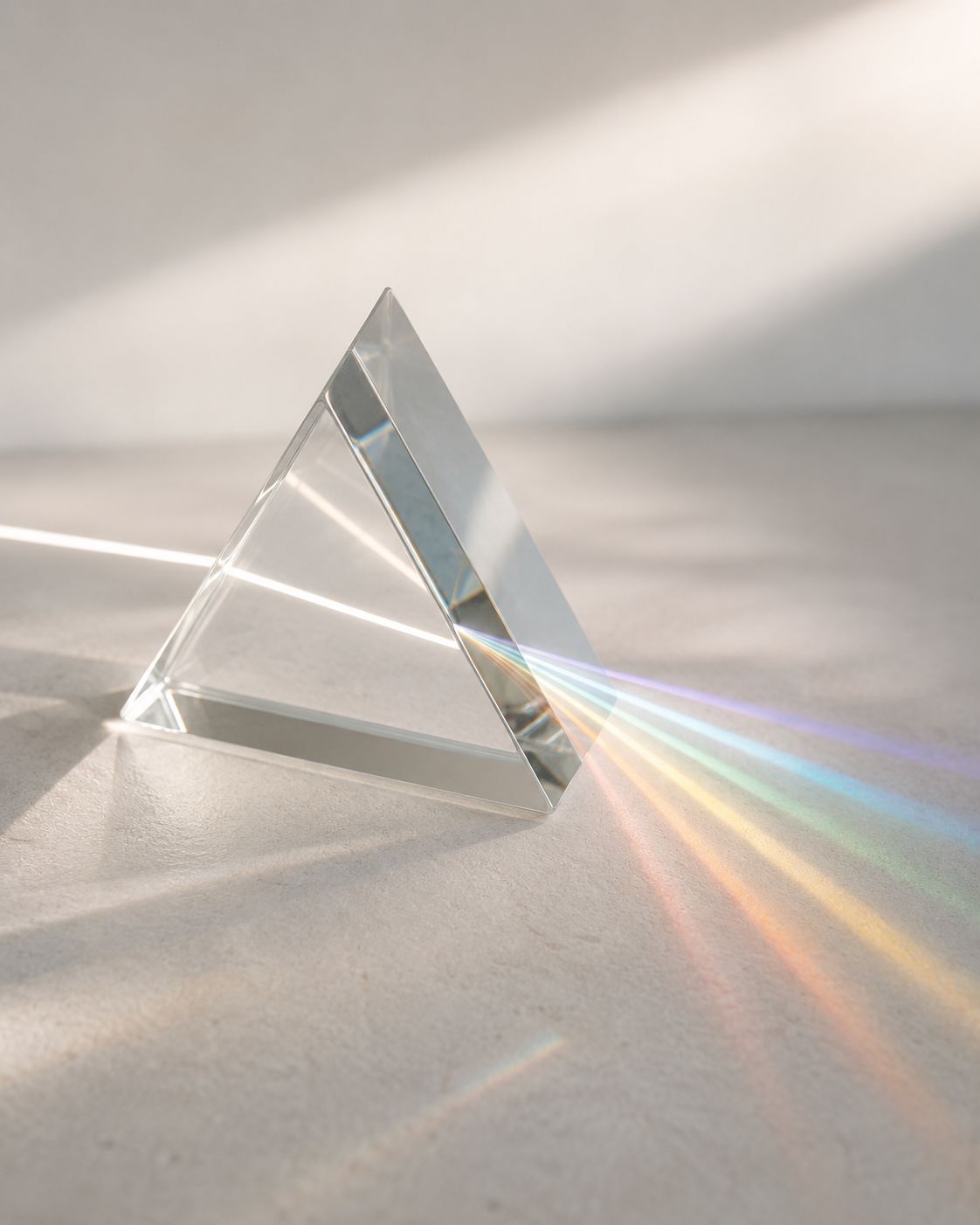A glass prism splitting a beam of light into rainbow colors on a pale surface.