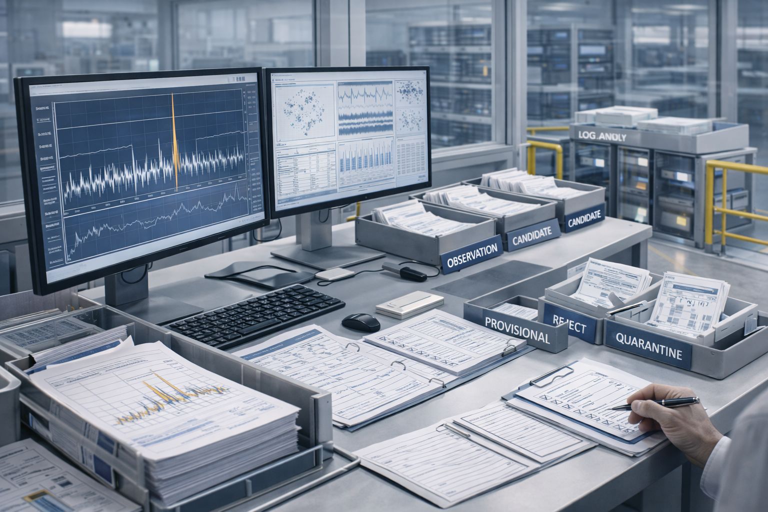A workstation with charts on monitors and trays labeled Observation, Candidate, Provisional, Reject, Quarantine, and Log Anoly in a lab setting.