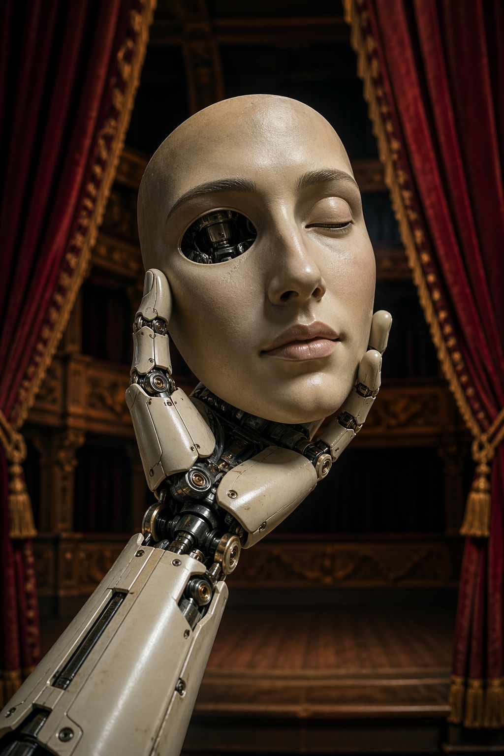 A humanoid robot face with one eye socket open and mechanical parts visible, posed between red theater curtains.