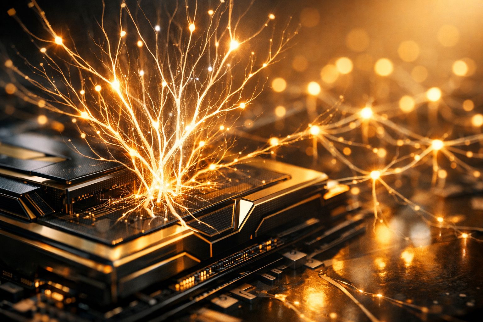 Illustration of glowing branching light patterns rising from a stack of computer chips.