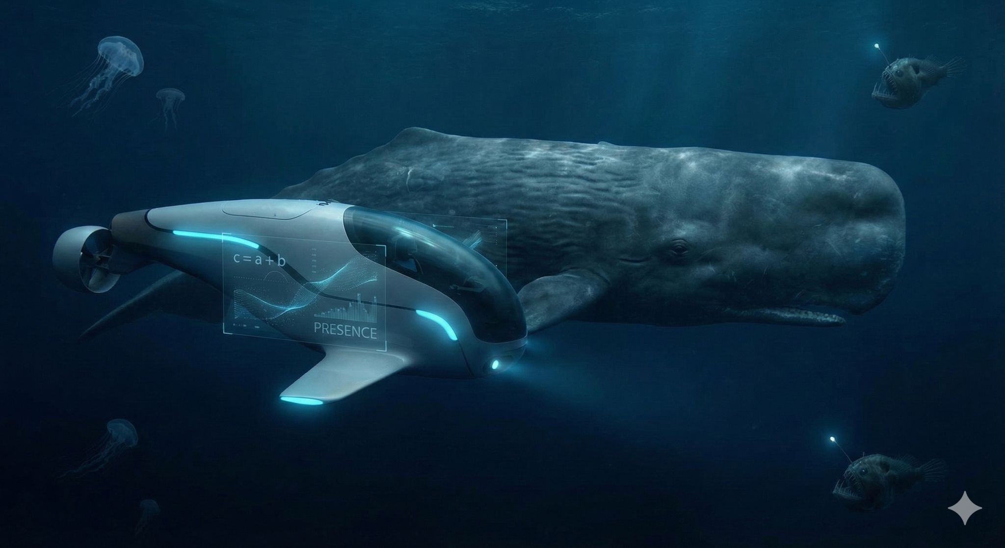 Illustration of an underwater drone beside a whale, with translucent interface overlays in deep water.