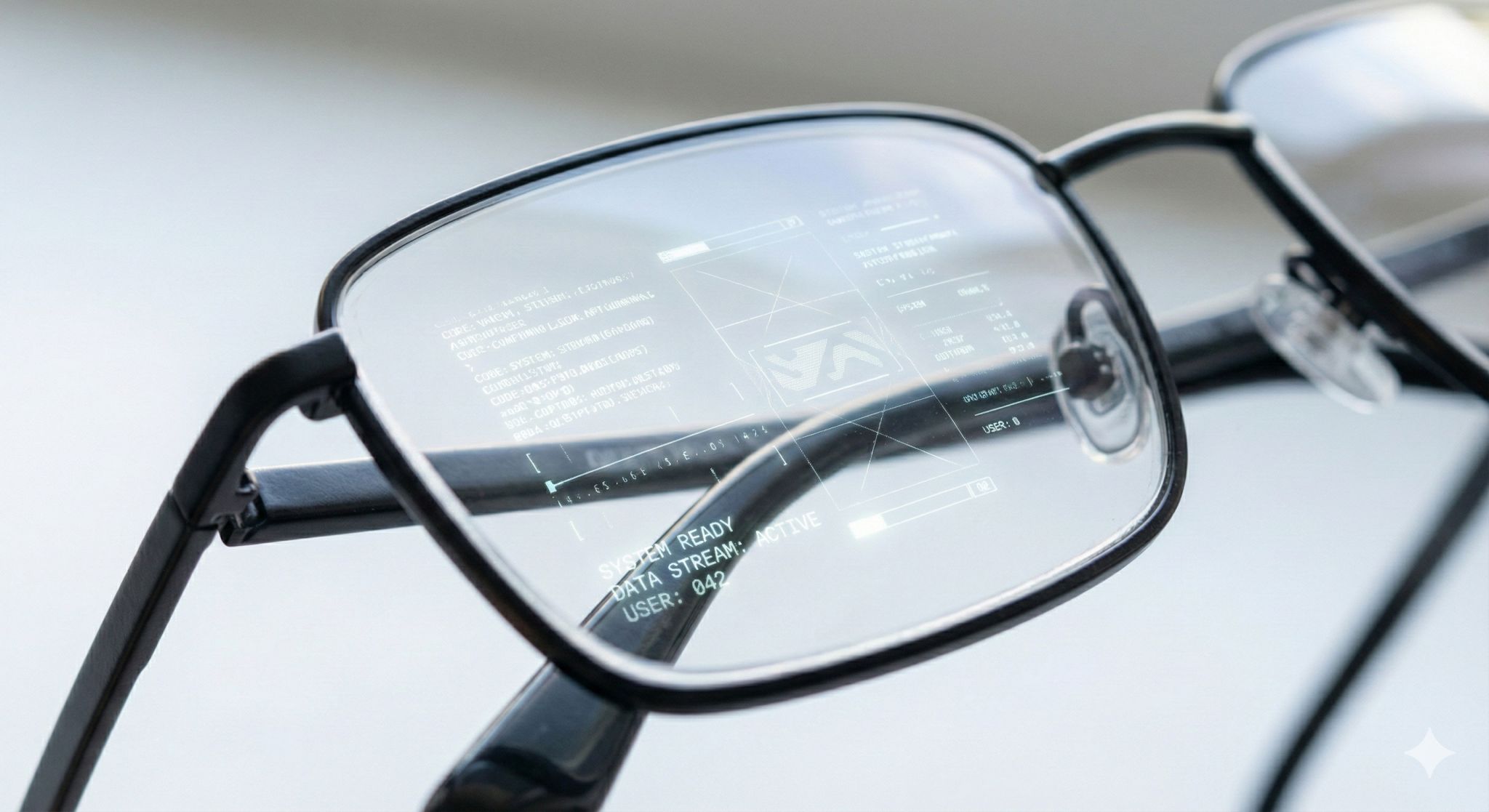 Image of eyeglasses with a translucent interface reflected across one lens.