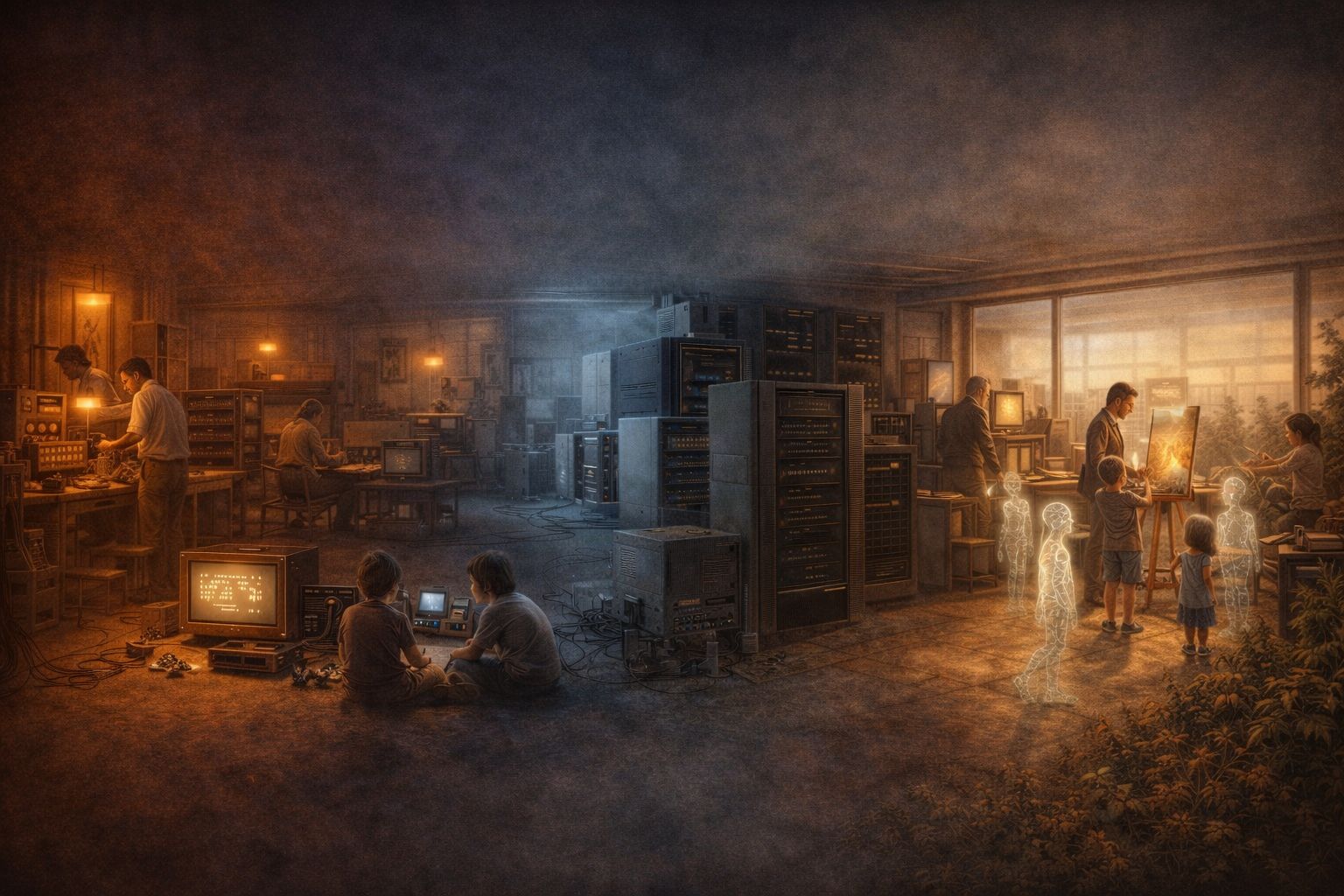 A workshop interior with server racks, adults and children, and several glowing human-like silhouettes gathered around a bright display.