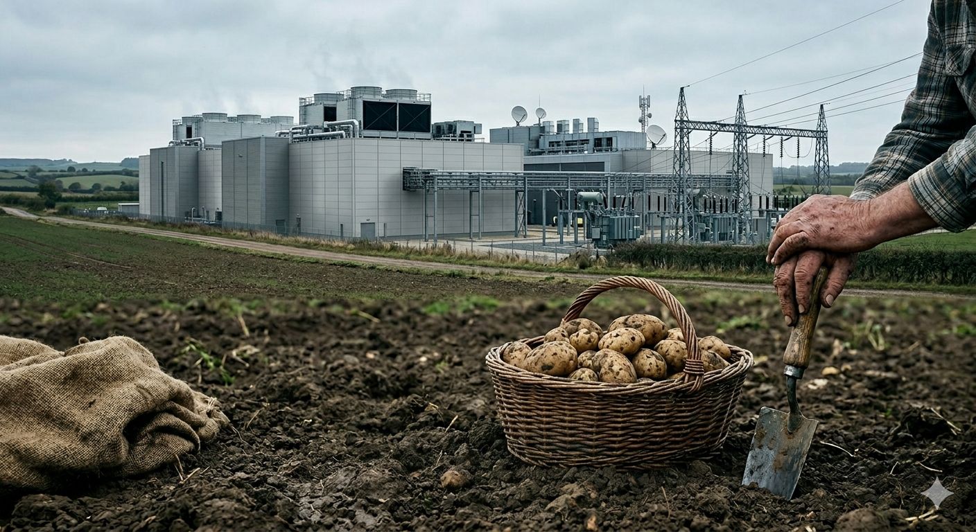 A basket of potatoes and a spade in a field, with a large industrial data-center building and power infrastructure behind them.